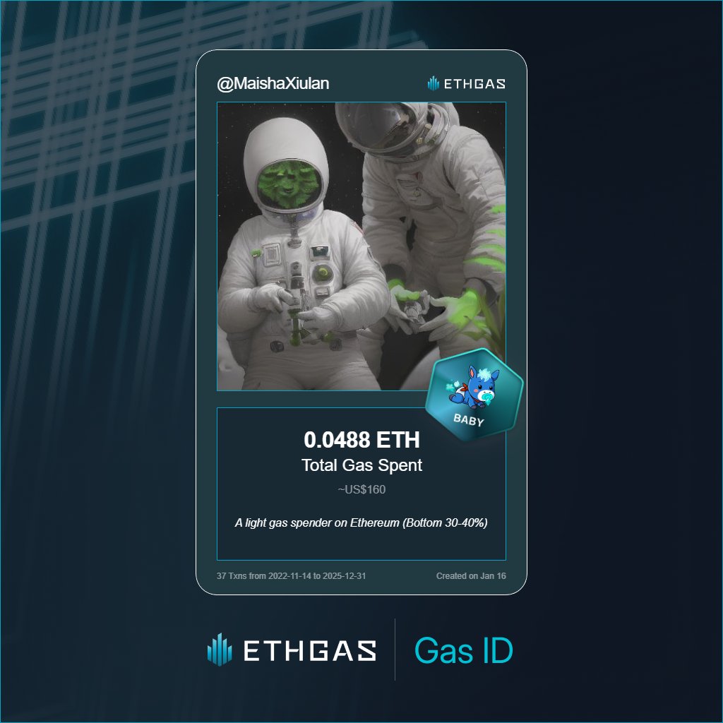 MaishaXiulan's tweet photo. Discovered my Gas ID via ETHGas - turning my gas spend into rewards 🫘

As a Baby Jack, I've spent 0.0488 ETH on gas but earned 12 Beans back.

Get your Gas ID and Beans here: https://t.co/uDbwu9dcgi https://t.co/KRxB76VxTK