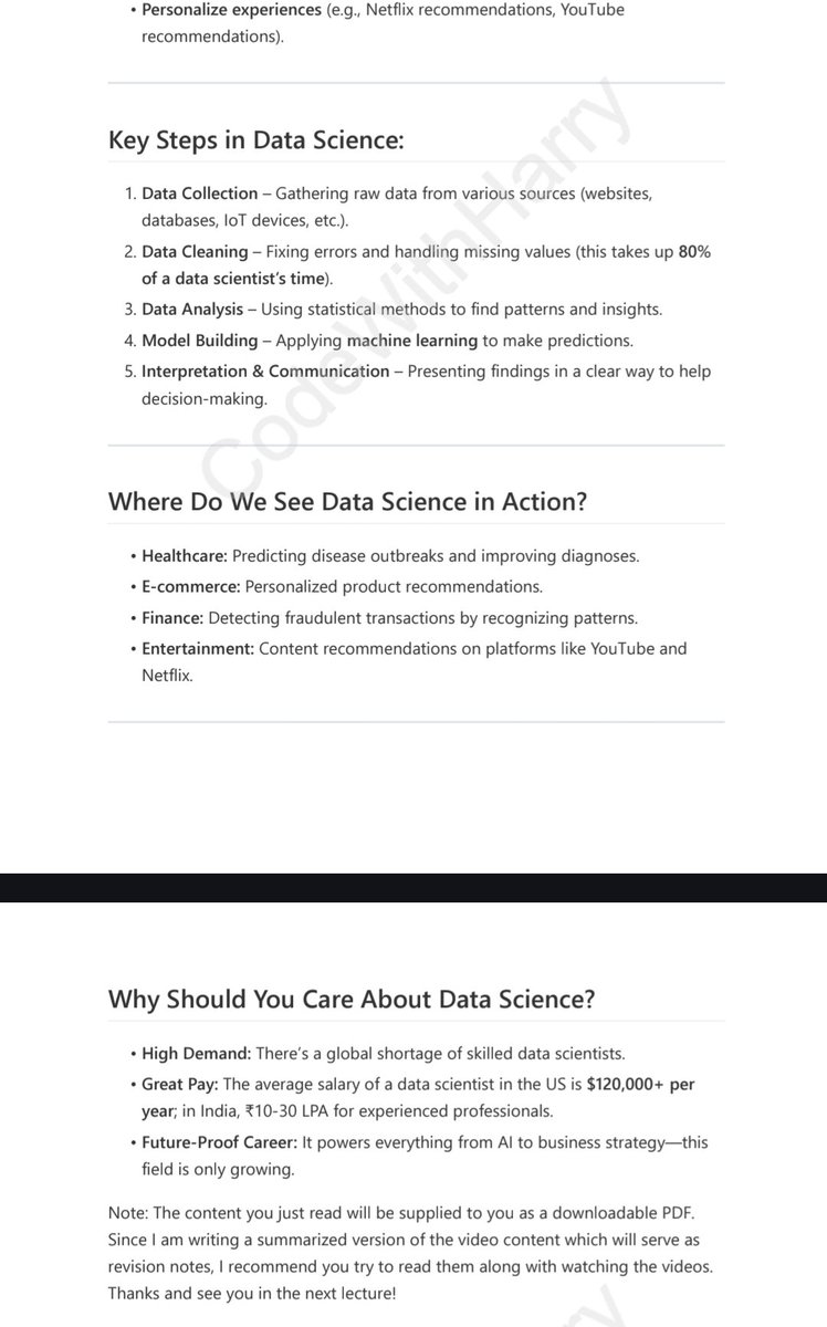 rajkuma52122127's tweet photo. Day 1 of Data Science 🚀

Today I learned:
Data Science is the process of
• Collecting data
• Cleaning data
• Analyzing data
• Interpreting data
to make informed decisions.

Simple &amp; clear.

#datasciencetutorial #datascience #ArtificialIntelligence https://t.co/jSt9yZuFVa