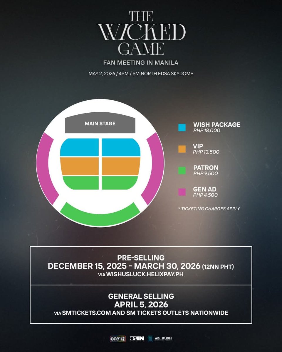 headlinermnl's tweet image. DAOU and OFFROAD [THE WICKED GAME] FAN MEETING IN MANILA

📍SKYDOME
MAY 2, 2026

PRESALE: still on going till 03/30/2026 12NN via wishusluck.helixpay.ph

GEN SALE: April 5, 2026, 12NN via SM Tickets 

@wishusluckent
#TheWickedGameFMinManila
#DaouOffroad
#OPENLABEL #WishUsLuckPH