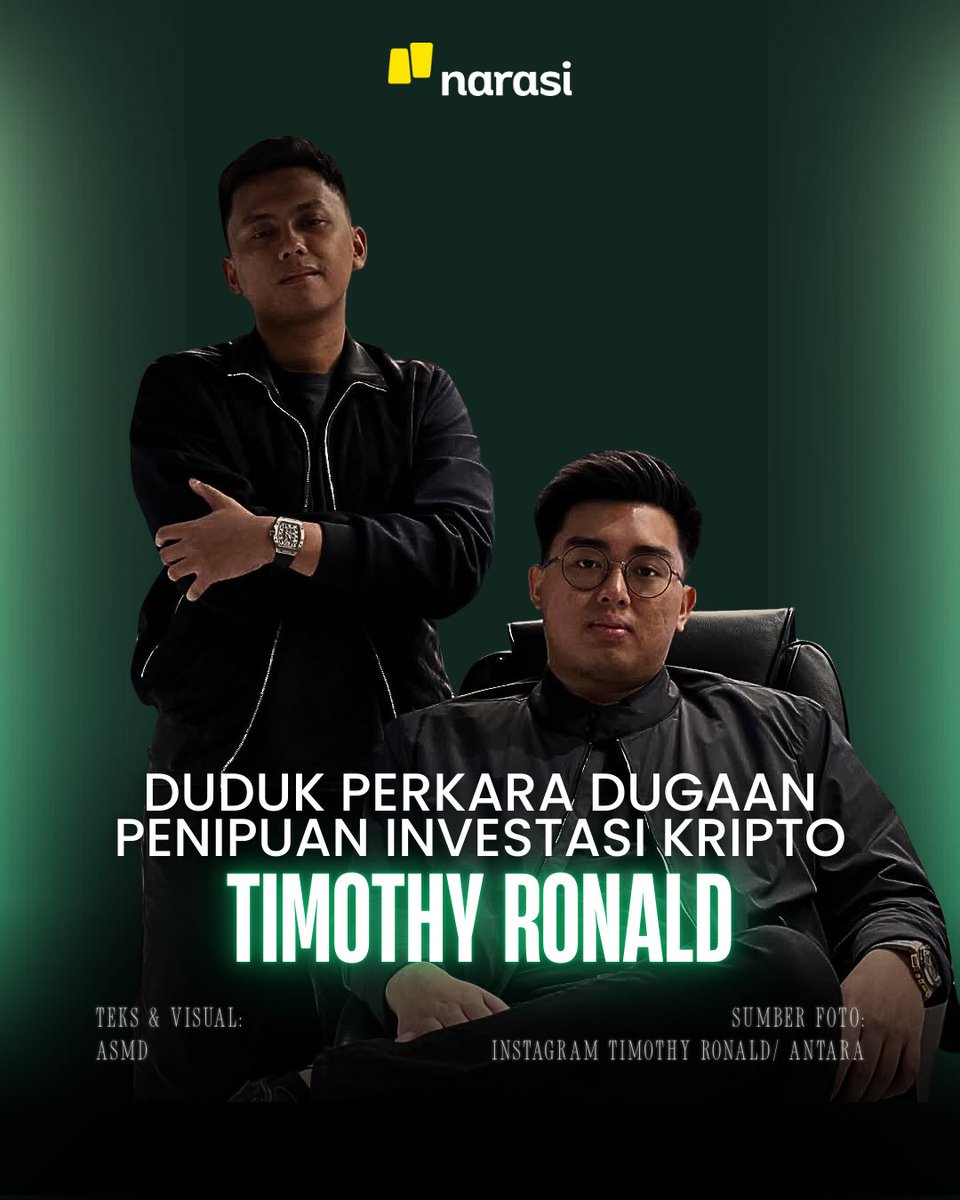 NarasiNewsroom's tweet image. Influencer keuangan Timothy Ronald dan partnernya Kalimasada dilaporkan ke Polda Metro Jaya atas dugaan penipuan kripto.
 
Klaimnya, ada 3.500 korban dengan kerugian tembus Rp200 miliar. Salah satu korban mengaku rugi hingga Rp 3 miliar usai tergiur flexing dan janji cuan 300 -…