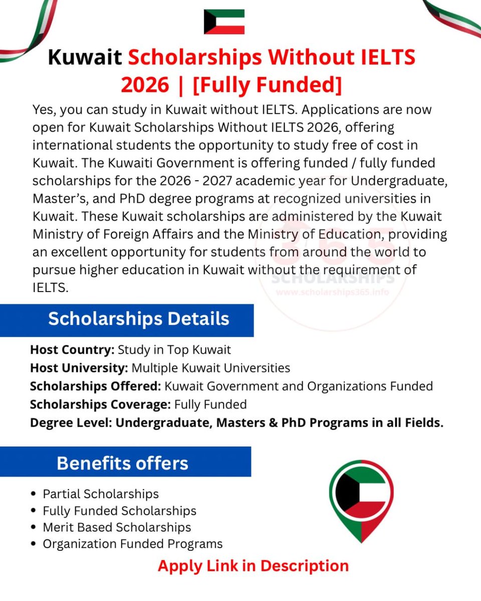 PantamiFound's tweet photo. Kuwait Scholarships 2026 | Study Without IELTS | Fully Funded

Applications are open for Kuwait Scholarships 2026, offering funded and fully funded study opportunities for international students without the requirement of IELTS.

Key Details:

- Host Country: Kuwait

- Degree Levels: Undergraduate, Master’s, PhD

- Fields of Study: All fields

- Eligibility: Open to applicants from all countries

Scholarship Coverage:

- Full tuition fees

- Monthly stipend

- Travel expenses

- Accommodation

- Health insurance

Apply here:
https://t.co/DmthCNz8Df

This opportunity is shared by the Professor Isa Pantami Foundation (PIP Foundation) as part of its commitment to promoting education, empowerment, and community development across Africa.

#PIPFoundation #ScholarshipOpportunities #EducationForAll #FullyFundedScholarship #StudyInKuwait #StudyAbroad