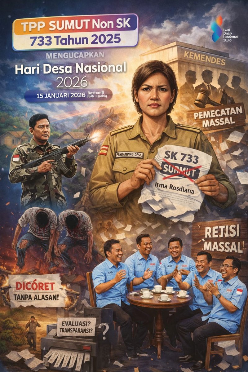 Selamat Hari Desa
Maaf hanya menyatakan bukan merayakan.  Ada Hak Desa terampas. Ada Kawan Pendamping terhempas. Merayakan apakah pantas?
#1150TPPdiSumutdiPHKMassal
#KeberatanSK733BPSDM
#TPPProvinsiSumut
<a href="/prabowo/">Prabowo Subianto</a> <a href="/YandriSusanto/">Yandri Susanto</a> <a href="/ArizaPatria/">Ariza Patria</a> <a href="/KerjaSeskabRI/">Letkol Teddy Indra Wijaya</a>  <a href="/KemenkumhamRI/">KemenkumHamRI</a>