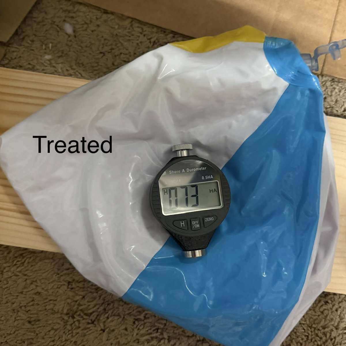 Someone asked me about my Durometer test results so I figured I’d make a post for everyone. I’m finishing up testing on a V3 Blend. The ball was folded so that there were eight layers stacked. 10 mL of plasticizer, which is an insane amount for this size.