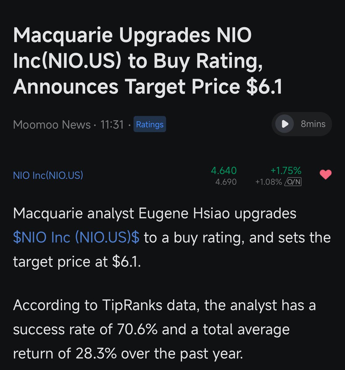 SZ_Investing's tweet photo. Macquarie Upgrades $NIO to a Buy rating with PT $6.1 https://t.co/GzYENDDJpH