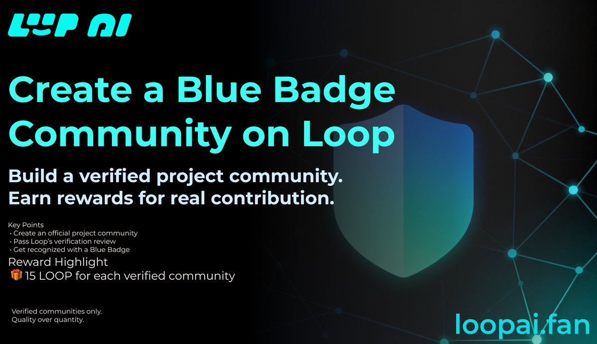LoopAI_INTL's tweet image. 🔵 Blue Badge Communities are live!

Create your official project community and pass Loop’s verification to earn a Blue Badge ✨

🏷️ Official recognition
🚀 Higher visibility
🎁 15 LOOP for each verified community
Let’s build high-quality Web3 communities together 🚀

🔗 Join the…