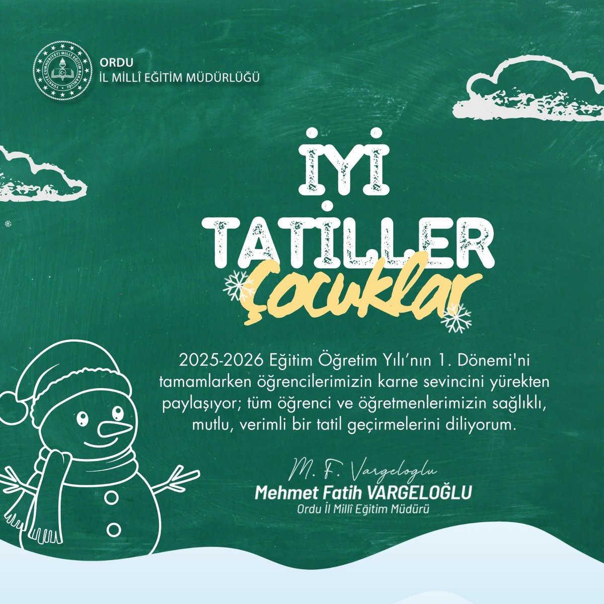 📖📚📝💼🖊
Bir dönemi daha emek ve azimle tamamlayan öğrencilerimizin sevincini paylaşıyor, onlara yol gösteren öğretmenlerimizin ve her zaman destek olan velilerimizin huzur dolu bir tatil geçirmelerini diliyoruz.

✨ Herkese iyi tatiller! ✨

#eğitimkentiORDU
#Ordu

<a href="/tcmeb/">Millî Eğitim Bakanlığı</a>