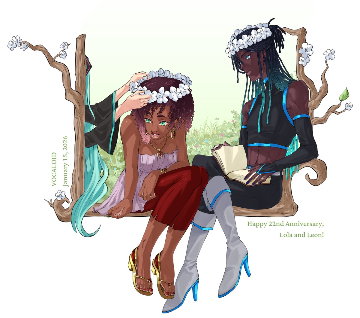 pizza3075's tweet image. did u know the oldest vocaloids are old enough to graduate college and join the workforce? happy 22nd anniversaries, leon and lola, the start of it all!!! 🥳🥳🥳