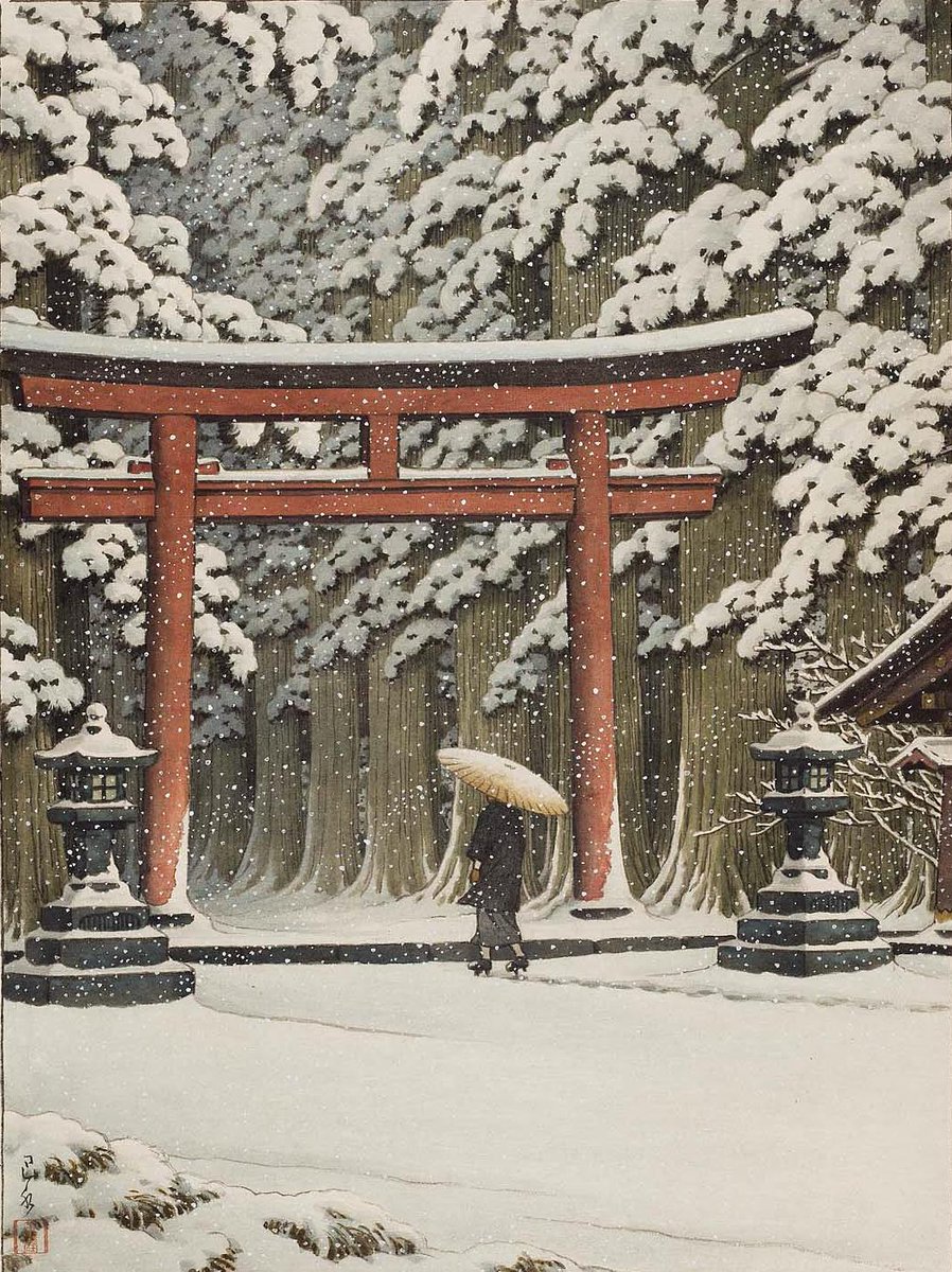 Hasui Kawase - "Snow at the Shrine Entrance, Hakone Gongen" (1949)
