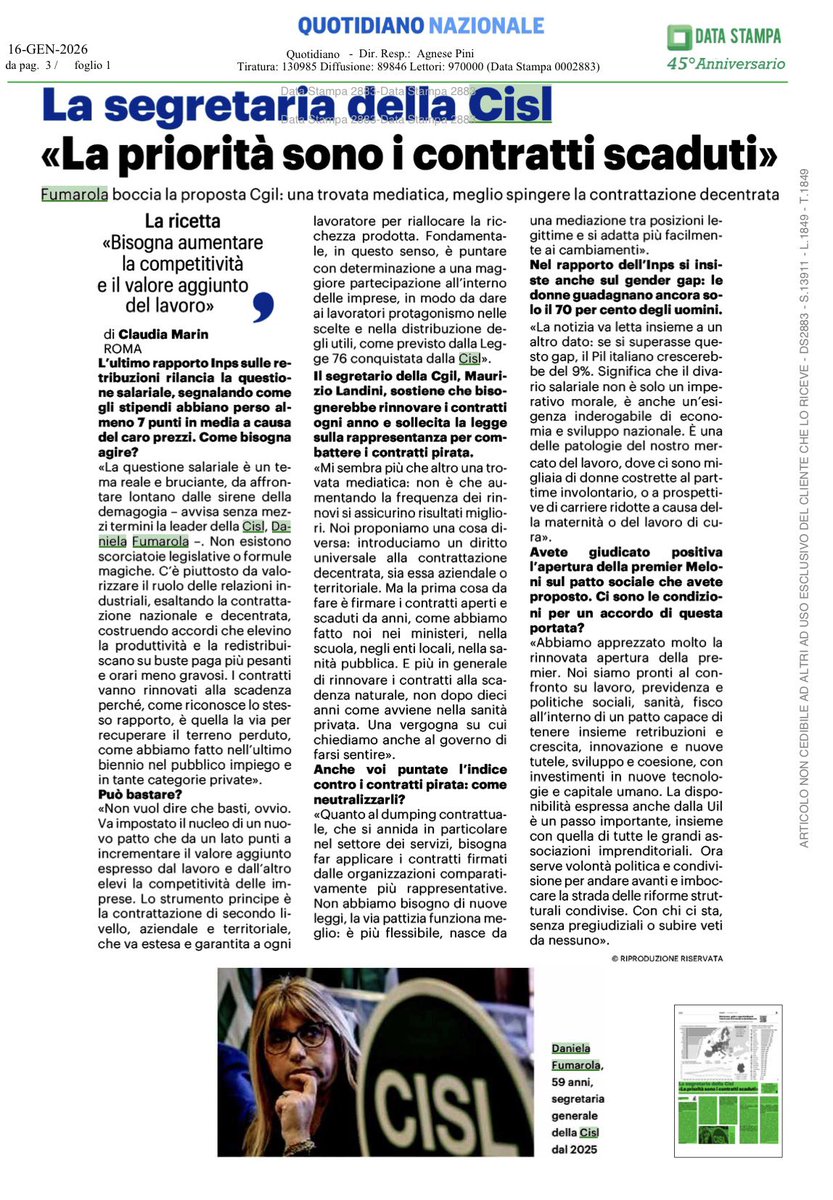 <<La questione salariale è un tema reale e bruciante, da affrontare lontano dalle sirene della demagogia. Non esistono scorciatoie legislative o formule magiche. C’è piuttosto da valorizzare il ruolo delle relazioni industriali, esaltando la contrattazione nazionale e decentrata,