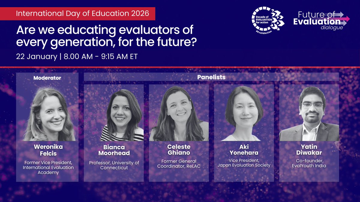 unfpa_eval's tweet photo. Next week! ⏳

On 22 Jan, the 6th Future of Evaluation dialogue will delve right into how evaluation education must evolve.

In focus: intergenerational learning, future-ready evaluation skills

Register now⬇️
https://t.co/ywcJZ69dYF https://t.co/6LzCT8JIx2