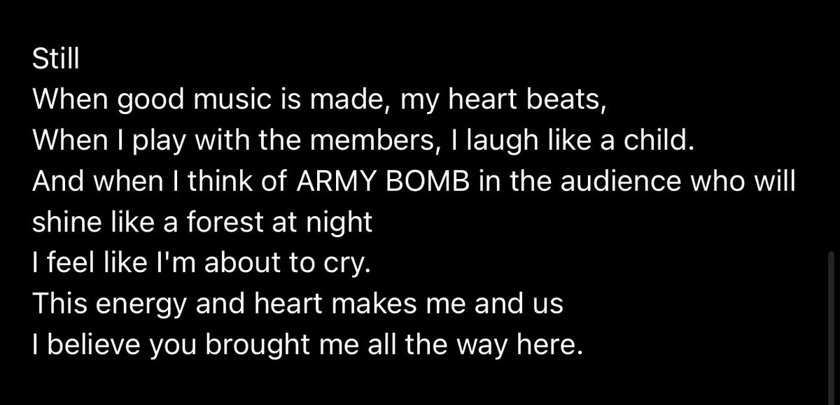 btschartsdailyc's tweet image. “When good music is made, my heart beats,
When I play with the members, I laugh like a child.
And when I think of ARMY BOMB in the audience who will shine like a forest at night
I feel like I'm about to cry.
This energy and heart makes me and us
I believe you brought me all the…