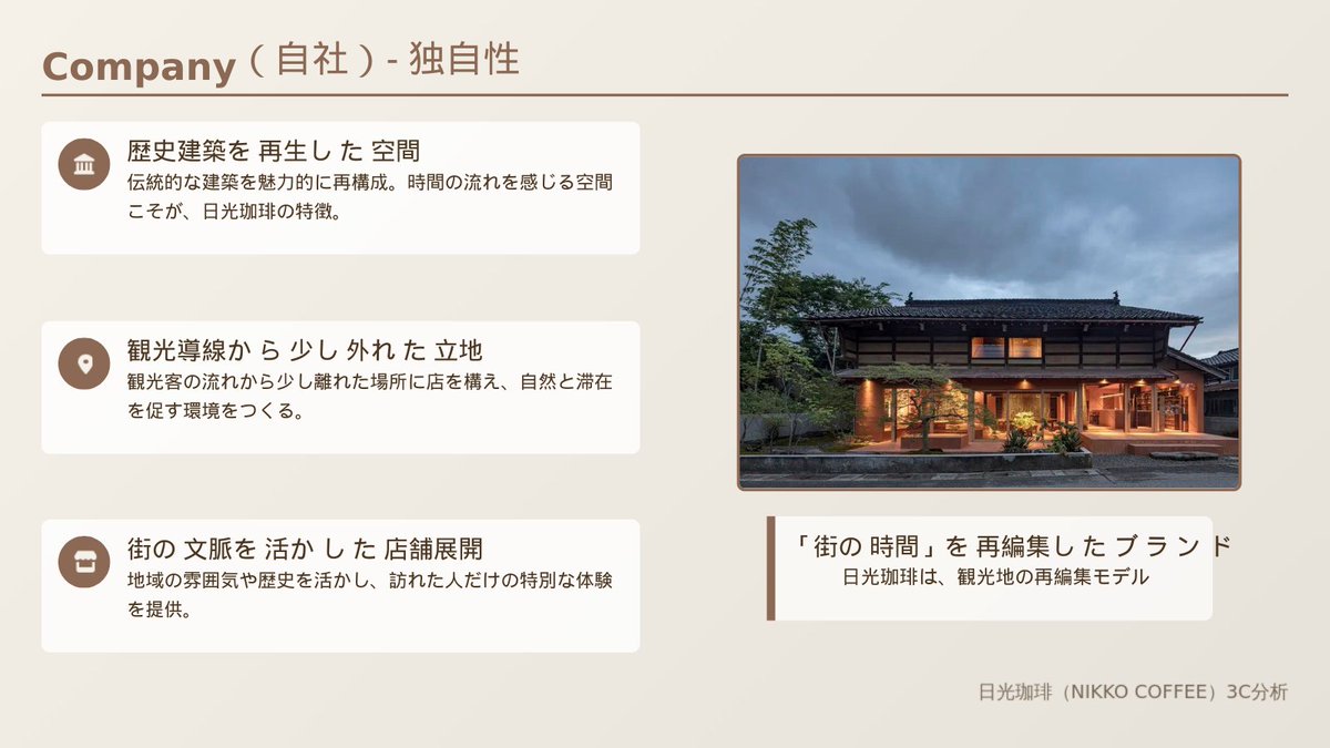 日光珈琲の３C分析

鹿沼で小さな焙煎・喫茶の店が始まる。

まだ
「地方にスペシャルティコーヒー文化」
がほとんどなかった時代。
まずは“味と業態”を磨く場所
それが鹿沼だった。