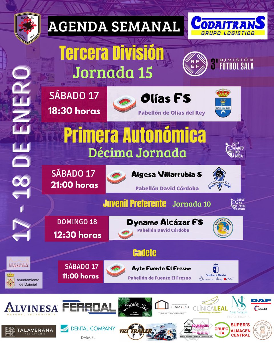 𝘼𝙂𝙀𝙉𝘿𝘼 𝙎𝙀𝙈𝘼𝙉𝘼𝙇 💜

👋 Buenas amig@s, os dejamos los emparejamientos de nuestros equipos para este fin de semana 💜⚽

Suerte para todos 💜⚽💪

#daimiel #futbolsala