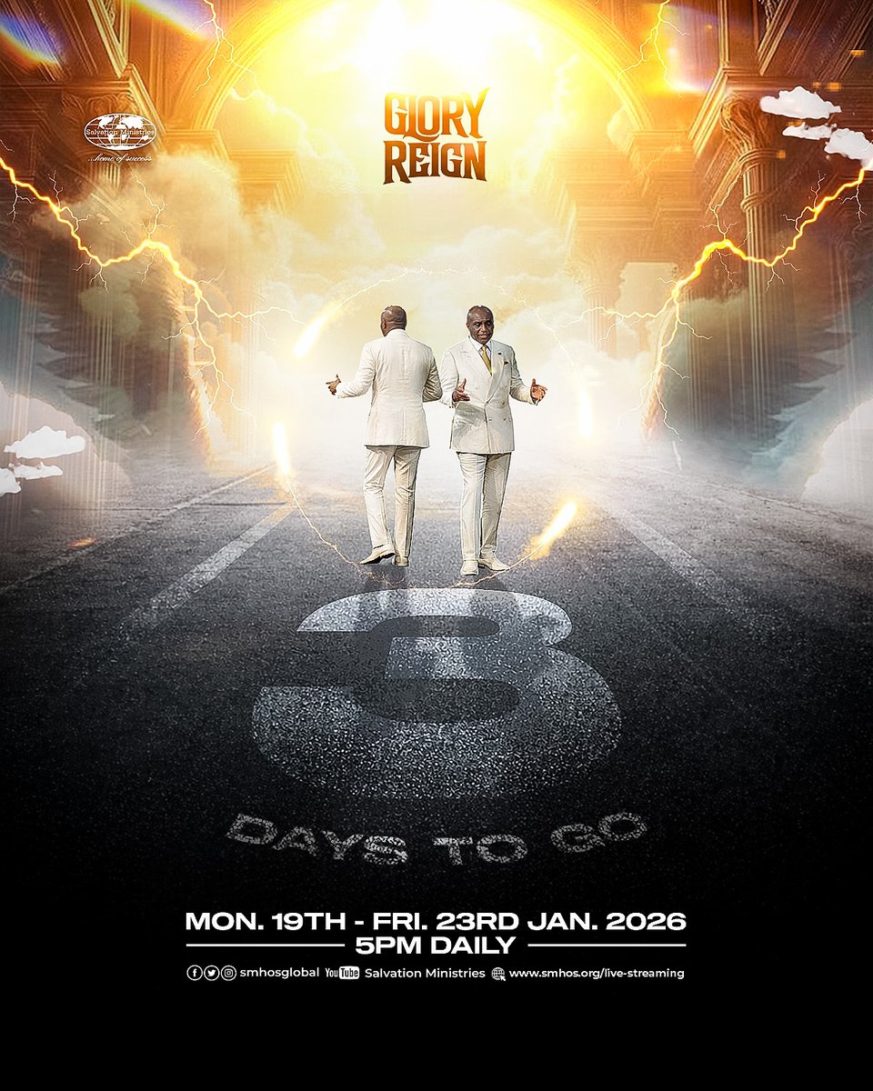 smhosglobal's tweet image. 3 Days to Glory Reign!

There are moments designed to move lives forward.
Moments that realign purpose and open new paths.

From Mon. 19th – Fri. 23rd Jan. 2026 | 5PM Daily, step into an atmosphere where something higher takes place.

#GR2026 #GR26