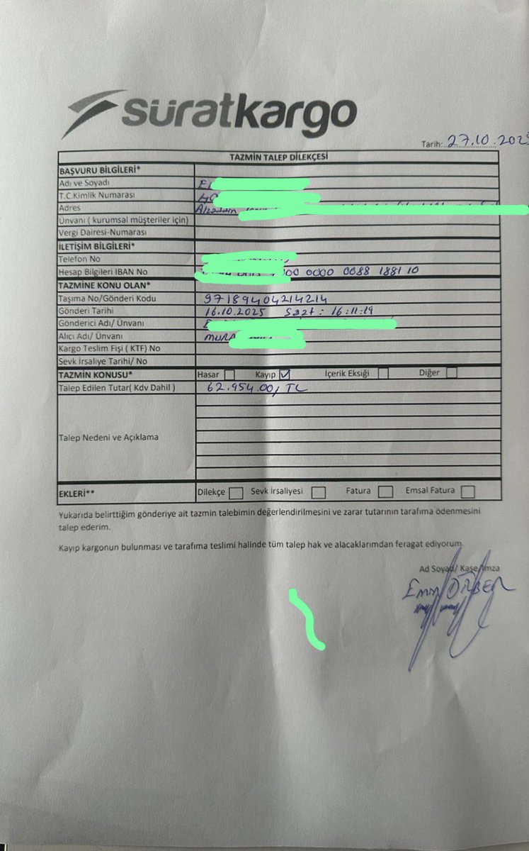 📌 @SuratKargo

Tarafımızdan aylar önce kargoya teslim edilen, faturası, kamera kayıtları ve gönderi belgeleriyle içeriği sabit olan cep telefonu gönderisi şirketinizce zayi edilmiş, bu durum bizzat tarafınızca kabul edilmiştir. 

Buna rağmen süreç bilgi verilmeden, keyfi biçimde