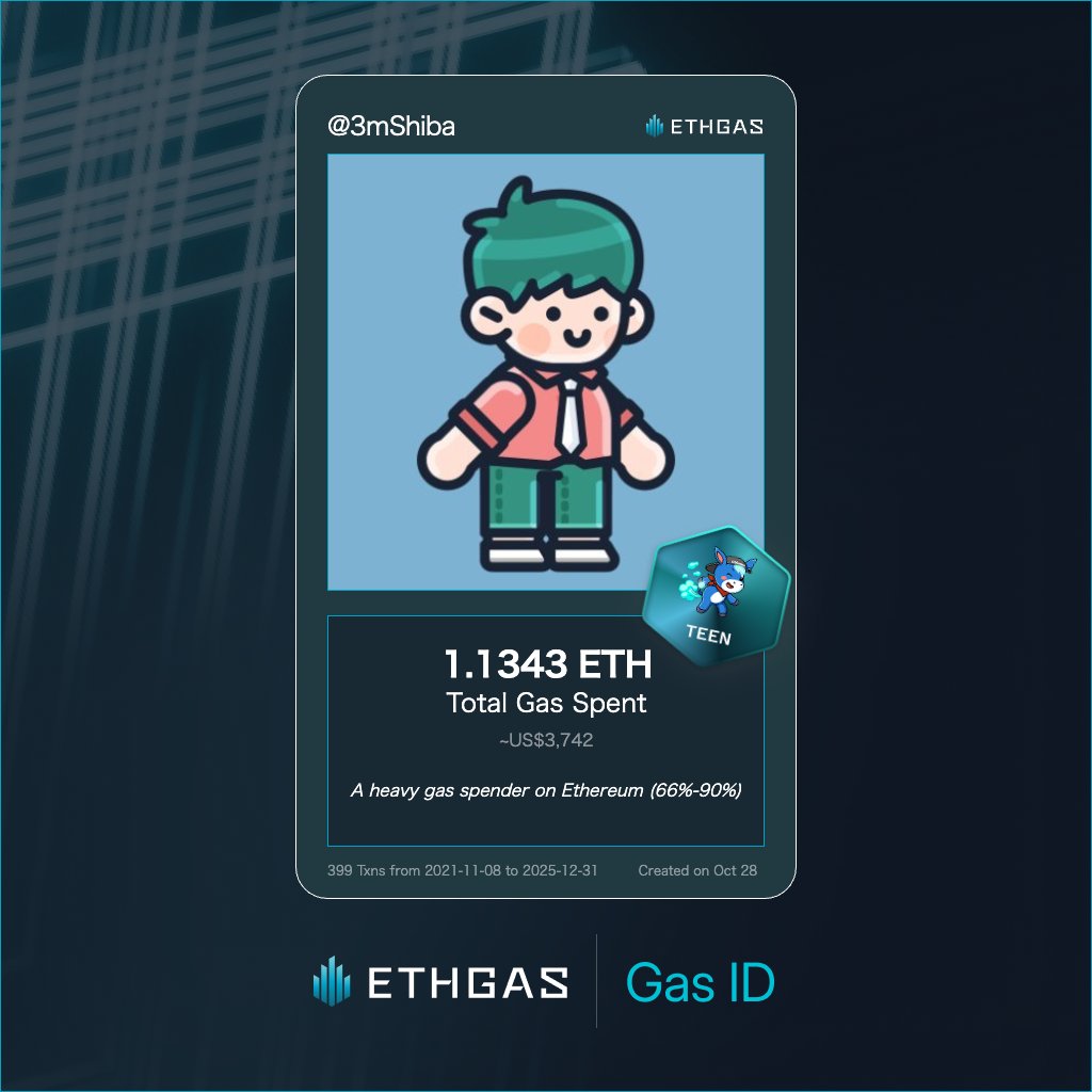 Discovered my Gas ID via ETHGas - turning my gas spend into rewards 🫘

As a Teen Jack, I've spent 1.1343 ETH on gas but earned 490 Beans back.

Get your Gas ID and Beans here: ethgas.com/community/gas-…