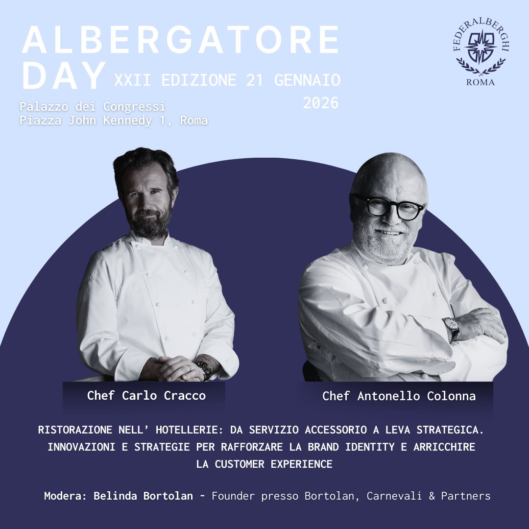 🍽️ All'Albergatore Day confronto sull’evoluzione della ristorazione nell’hotellerie: <a href="/craccocarlo/">Carlo Cracco</a> e <a href="/ChefColonna/">Antonello Colonna</a> dialogano su visione, innovazione e valore strategico per gli hotel, con il presidente di Federalberghi Roma Giuseppe Roscioli. Modera Belinda Bortolan.