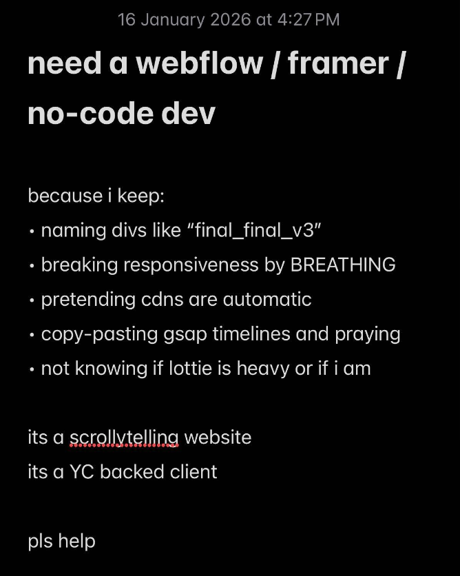 cnvrtlabs's tweet photo. hiring btw

if motion + scroll, lottie / rive, gsap, anime.js is ur thing, hit us up.

freelance / part-time / full-time. 
paid well. not cursed.

DM or tag someone cracked https://t.co/gKOZ2rWAiO