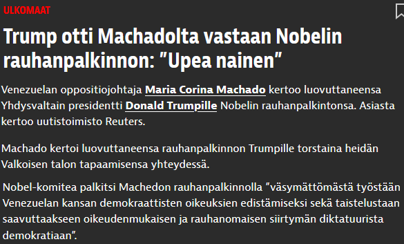 Nobelin rauhanpalkinto päätyi lopulta oikeaan osoitteeseen suvakkien ulinasta huolimatta.

Hieno veto Maria Corina Machadolta.

ja mojova potku suvakkien diktatuurien persuksiin👍