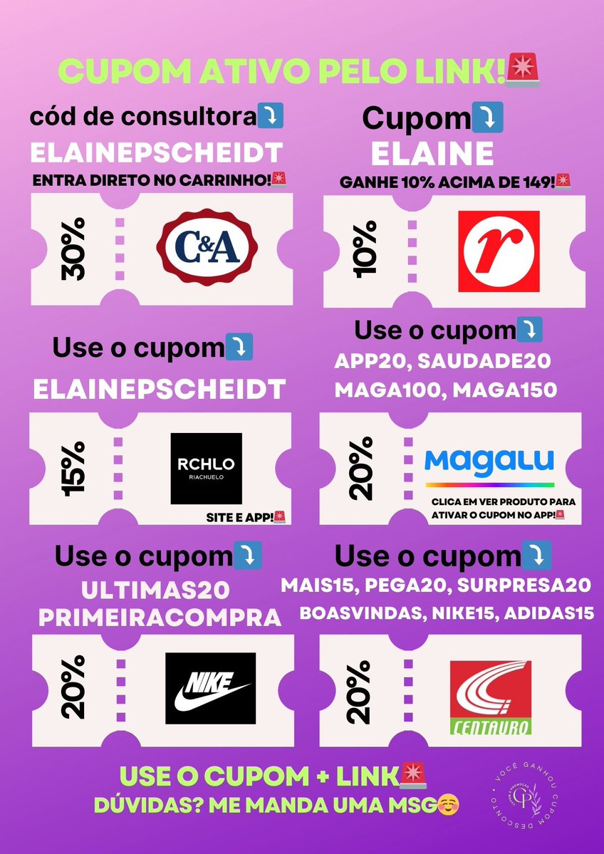 cupomdalaine's tweet image. Cupom do FINDI 😎

Renner: tidd.ly/46XY6sA

Cea c&amp;amp;a: minhacea.cea.com.br/?lcea=Nzc2MTRf…

Riachuelo: tidd.ly/4s83mCt

Magalu Magazine Luiza: divulgador.magalu.com/6ENnXLMQ

Centauro: tidd.ly/4jGs48Z

Nike: tidd.ly/4pNIbmJ