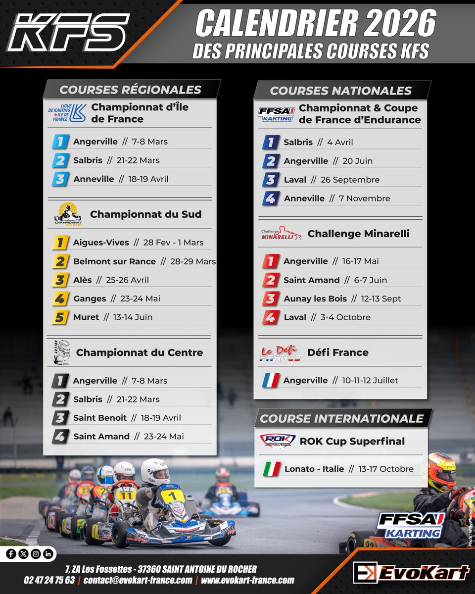🔥 KFS – Les grandes dates 2026 🏁

Régional 🇫🇷
National 🇫🇷
International 🌍

✔️ IDF / Sud / Centre
✔️ Endurance, Challenge Minarelli, Défi France
✔️ ROK Cup Superfinal 🇮🇹

⏳ Inscriptions bientôt ouvertes

💬 Quel est votre programme KFS 2026 ?

#KFS #Karting #Saison2026 #FFSA