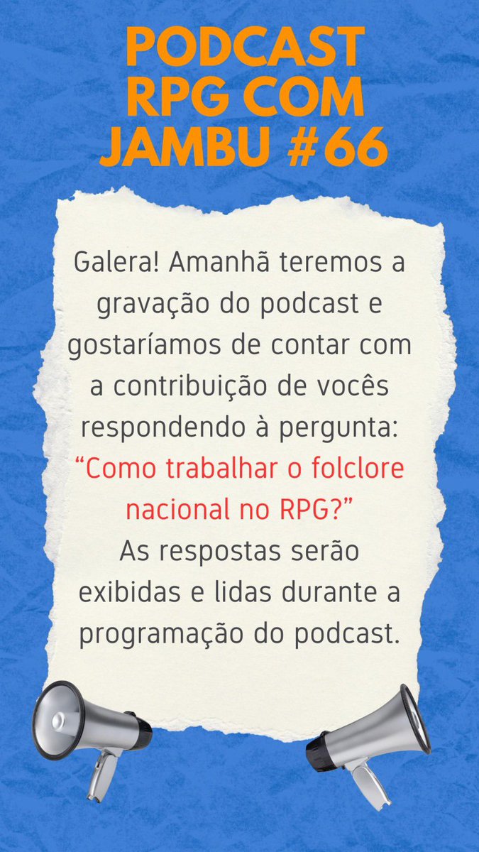 Amanhã tem gravação do Podcast RPG com Jambu #66!

Queremos a sua opinião: “Como trabalhar o folclore nacional no RPG?” 🤔

Suas respostas serão lidas e debatidas ao vivo. Contribua!