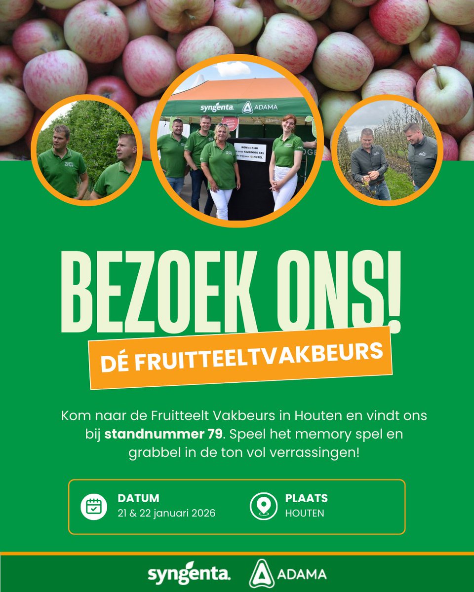 Adama_NE's tweet photo. Bezoek ons op de Fruitteelt Vakbeurs!
🎉 Kom op 21 en/of 22 januari naar Dé Fruitteelt Vakbeurs in Houten! 🎉 
Wij, Syngenta en ADAMA, verwelkomen je graag bij standnummer 79. 
#defruitteeltvakbeurs #expohouten #trotsopdeboer #BewustBeschermd https://t.co/7cvnfZS9dj