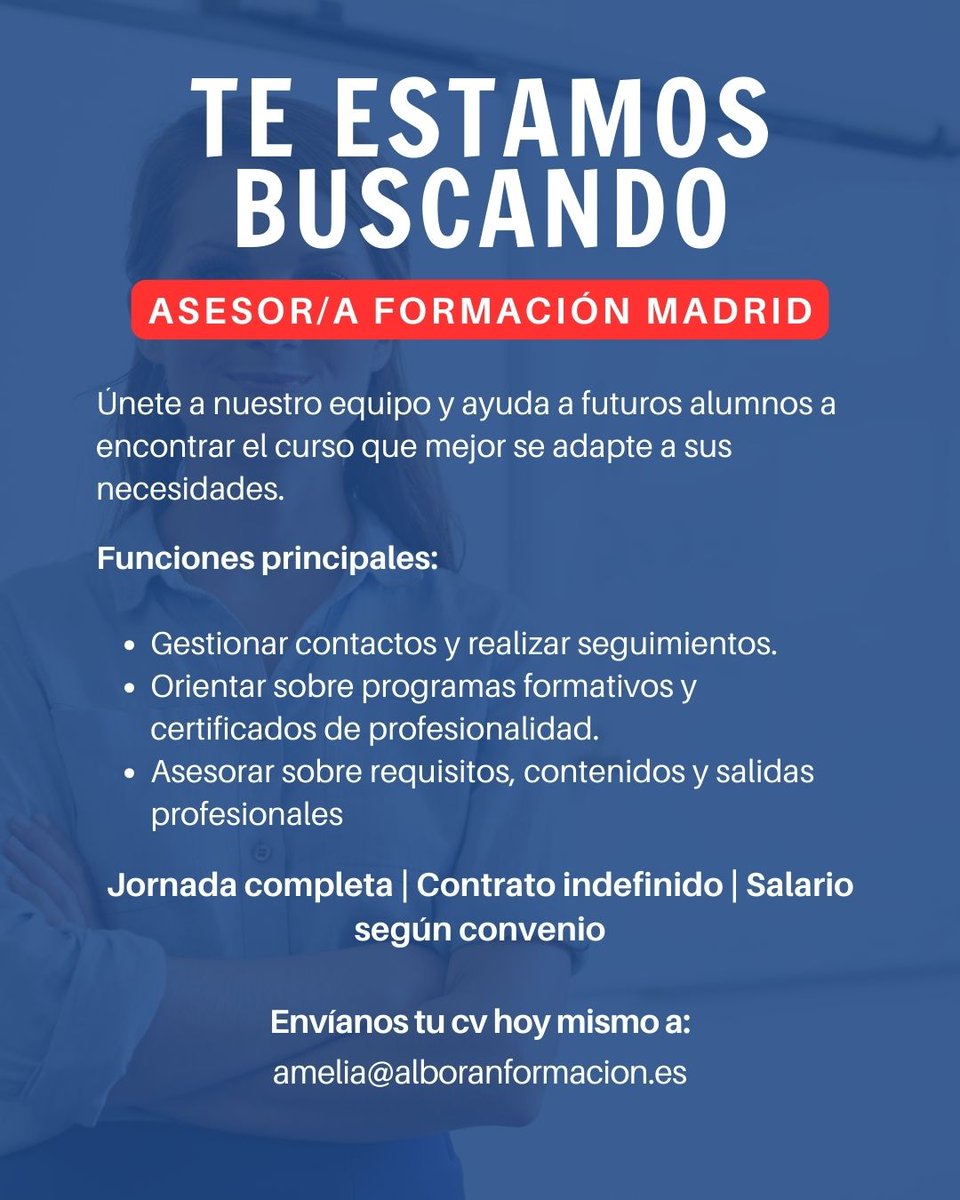 Alboranformacio's tweet photo. 🚀 ¡Te buscamos en Madrid!

Asesor/a de Formación: orienta a futuros alumnos, gestiona contactos y asesora sobre cursos y certificados de profesionalidad.

👉 Si te interesa el mundo de la formación y el trato con personas, envía tu cv a amelia@alboranformacion.es

#Empleo https://t.co/twuTP6nFXw