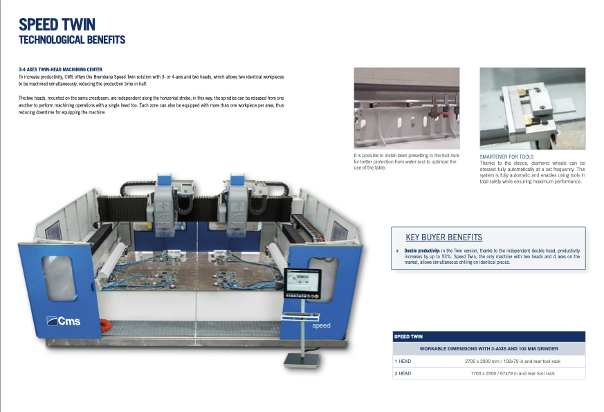 The CMS Brembana Speed Twin is designed for manufacturers who demand higher output and total flexibility ⚙️🚀
With its twin-head 3-4 axis machining system, it can process two identical workpieces simultaneously, cutting production time in half.
#CMSGermany #GlassMachinery