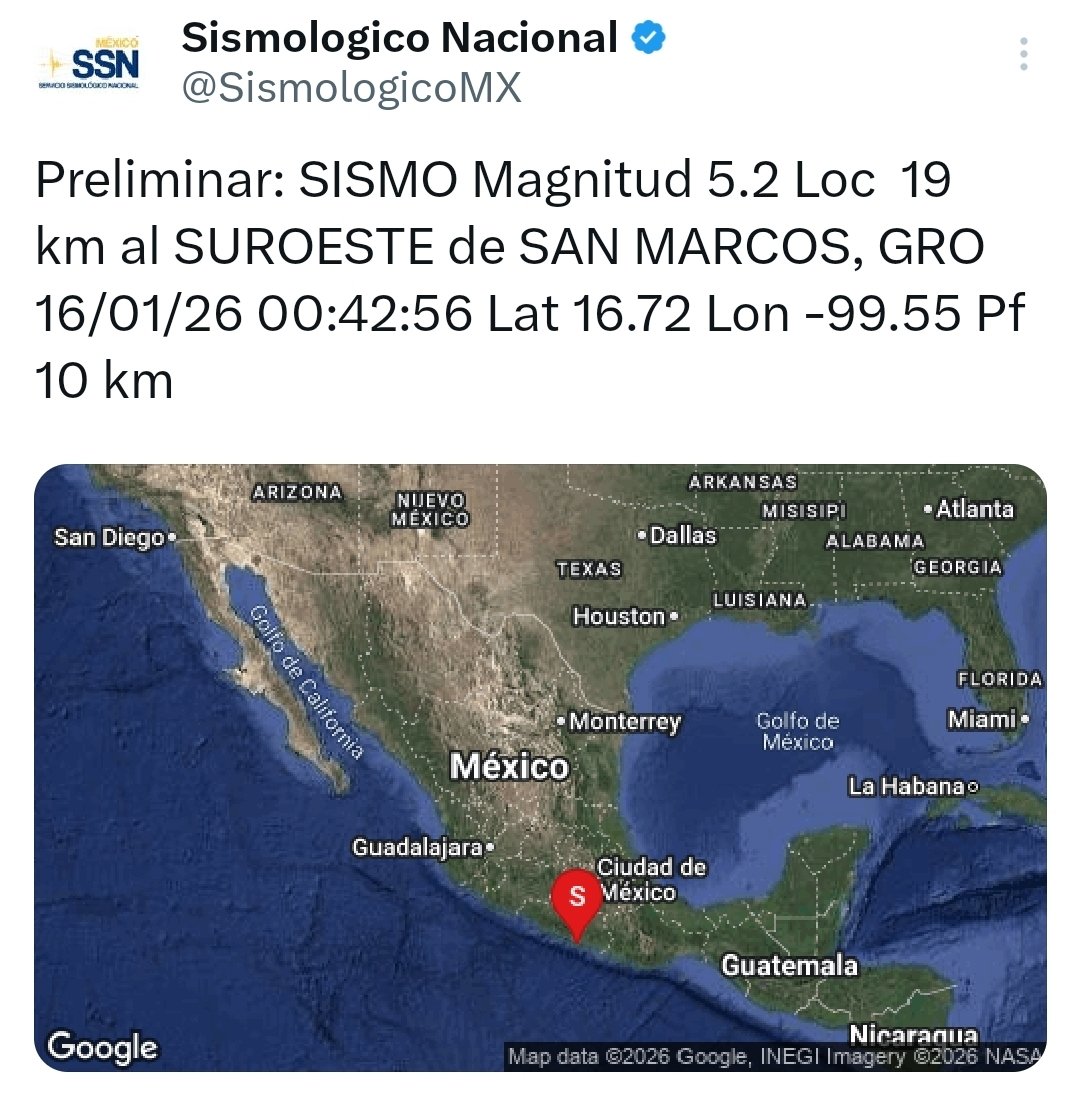 AntonioApontete's tweet photo. El #sismo de esta noche fue de magnitud 5.2 con epicentro en San Marcos, Guerrero. https://t.co/ookdB16CrO