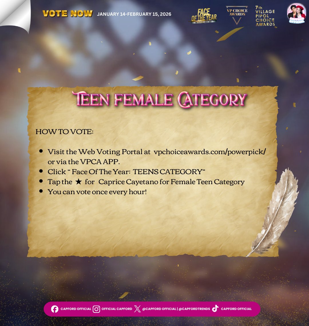 CapFordVT's tweet image. 📢 CapFord has been nominated for Pipol  Face Of The Year:  TEENS CATEGORY, at the VPCA. Let’s continue showing our love and support by voting.🩷🩵

🗓️ Starting January 15 until February 14, 2026.
⏰ You can only vote once in 2H24M. 

Don't forget to Follow us, Eclipce!🫶