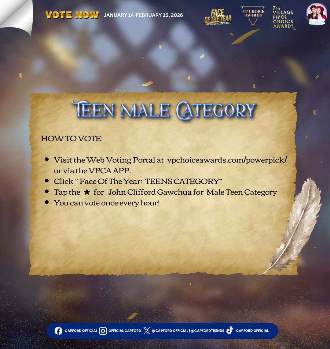 CapFordVT's tweet image. 📢 CapFord has been nominated for Pipol  Face Of The Year:  TEENS CATEGORY, at the VPCA. Let’s continue showing our love and support by voting.🩷🩵

🗓️ Starting January 15 until February 14, 2026.
⏰ You can only vote once in 2H24M. 

Don't forget to Follow us, Eclipce!🫶
