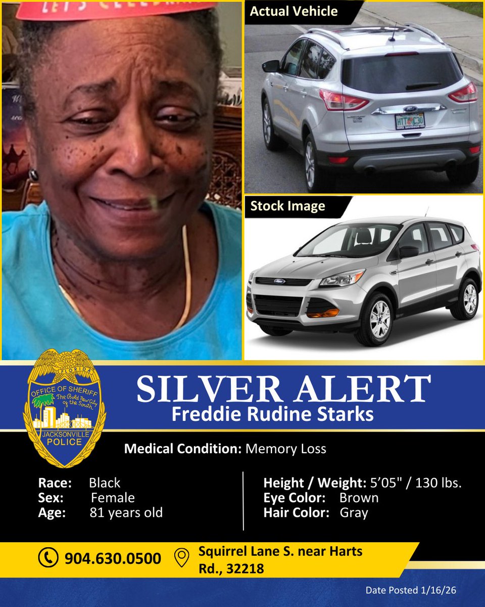 JSOPIO's tweet photo. 𝐒𝐈𝐋𝐕𝐄𝐑 𝐀𝐋𝐄𝐑𝐓: 𝐇𝐚𝐯𝐞 𝐲𝐨𝐮 𝐬𝐞𝐞𝐧 𝐅𝐫𝐞𝐝𝐝𝐢𝐞 𝐑𝐮𝐝𝐢𝐧𝐞 𝐒𝐭𝐚𝐫𝐤𝐬??? 
The Jacksonville Sheriff’s Office is actively searching for 81-year-old Freddie Rudine Starks who was last seen around 6 p.m. Thursday evening on Squirrel Lane South near the intersection of Harts Road and Dunn Avenue. We’re told Ms. Starks suffers from memory loss. Due to her age and cognitive issues, we’re concerned about her safety. 
 
She was last seen in her silver 2014 Ford Escape bearing Florida Tag HTTC30 (see photo). The SUV has a Mike Davidson Ford license plate cover. 

Ms. Starks is 5’05” and 130 pounds. She has brown eyes and gray hair. She was last seen wearing a red barrette, blue floral top, blue pants and a dark blue windbreaker with a hood.
 
If you see Ms. Starks or know where she is, call us at 904.630.0500.