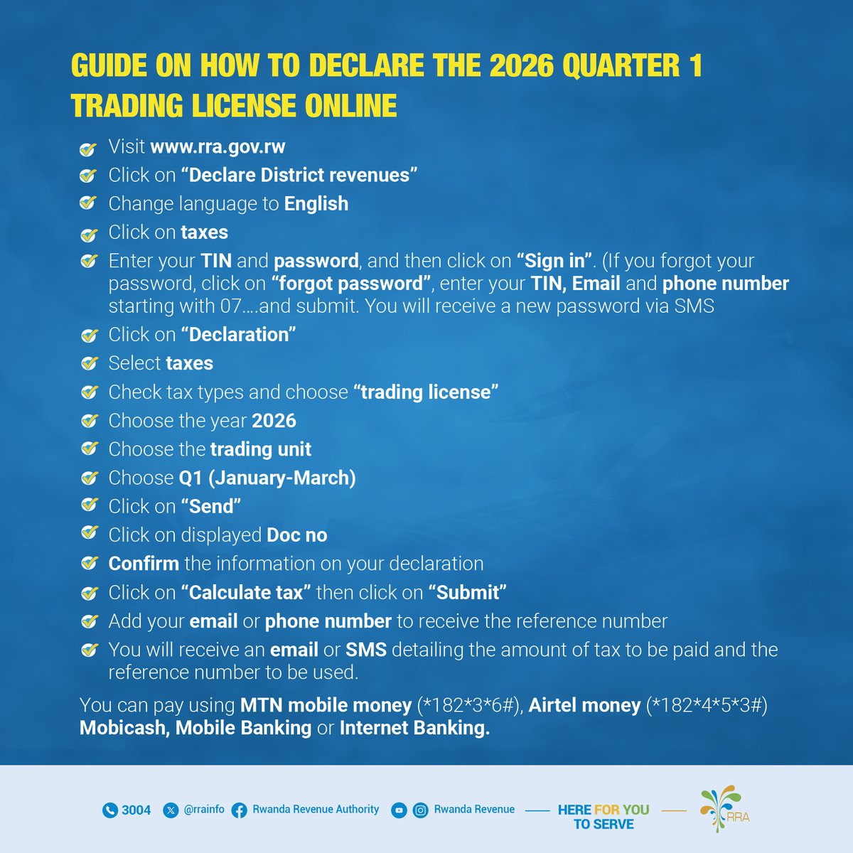 Turimo turasatira itariki ntarengwa yo kumenyekanisha no kwishyura ipatanti ya 2026, witegereza umunsi wanyuma. Menyekanisha uyu munsi wishyure bitarenze 31/1/2026. Dore uko bikorwa⤵️
=====================================
We are approaching the deadline for declaration and