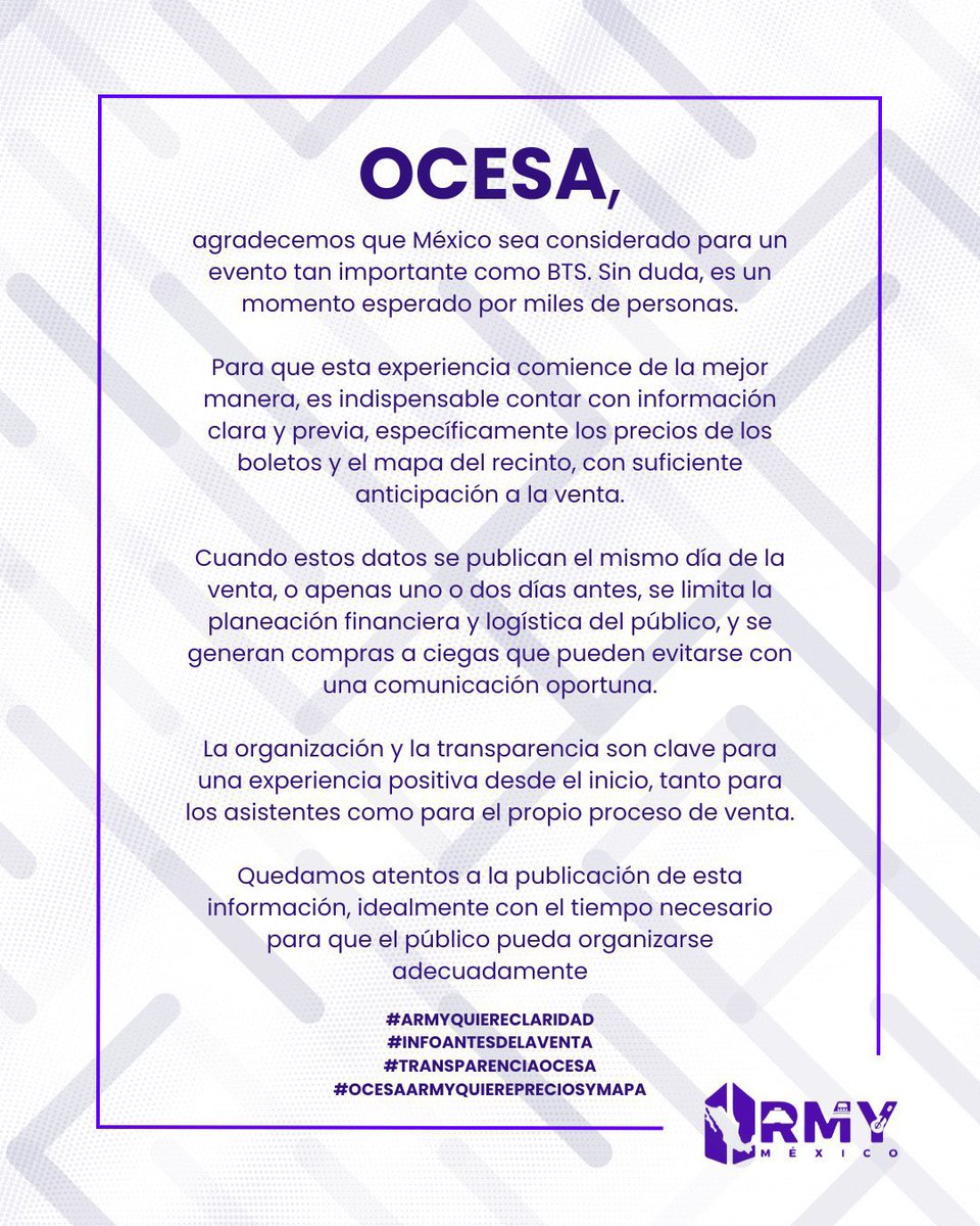 mimicattly's tweet photo. No pedimos, EXIGIMOS una transparencia con los precios y mapa antes de la preventa para una mejor claridad y compra para el concierto de BTS en México.
Y NO A LA TARIFA DINÁMICA POR LA CUAL ES INJUSTO Y MÁS SIN TENER PRECIOS VISIBLES.
 #OcesaArmyQuierePreciosyMapa @ocesa_kpop https://t.co/Q3ArCbat2f