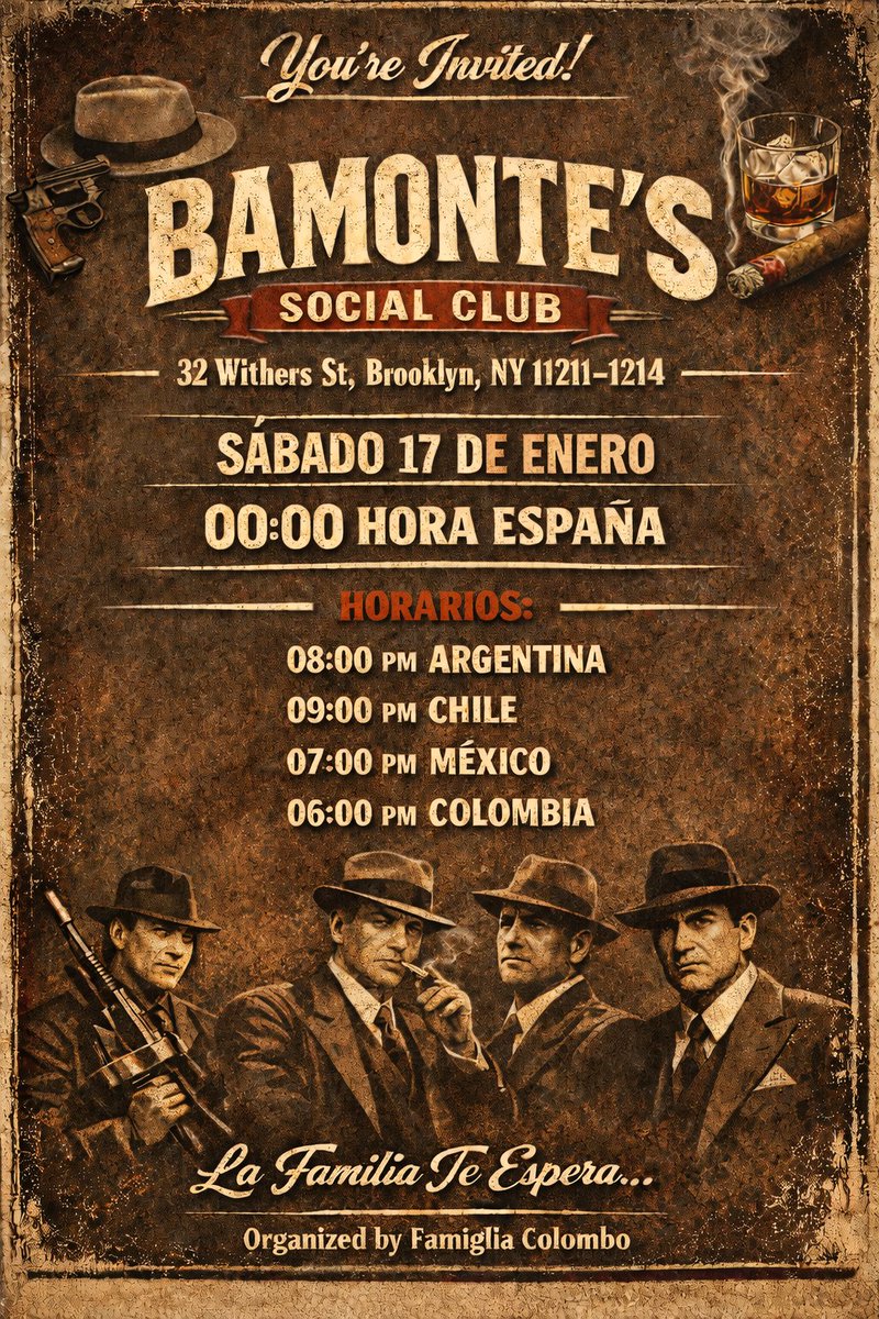 Ey, ¿qué hacés?
La casa abre y no es una noche cualquiera.
Bamonte’s Social Club levanta sus puertas.
El que entiende cómo se mueve esto sabe dónde estar.
 Nos vemos ahí.
Sabado 17/1, 20:00 Arg.

<a href="/TheColomboFam/">The Colombo Family</a>