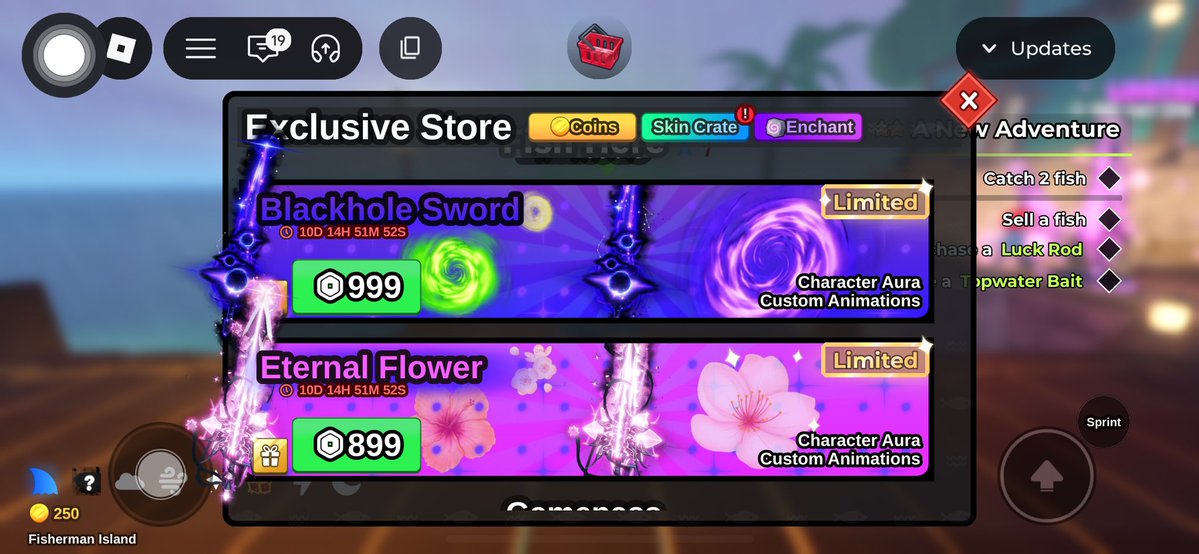 constenery's tweet image. GIG FISH IT 

ETERNAL FLOWER : 70.000
BLACKHOLE SWORD : 78.000

CRATE PIRATE
1x : 8.500
5x : 42.000

ELDERWOOD
1x : 8.000
5x : 39.000

vip + luck : 35.000
advanced luck : 42.000
extra luck : 18.600
mutations : 22.500
double xp : 15.000
sell anywhere : 24.500
small luck : 4.000