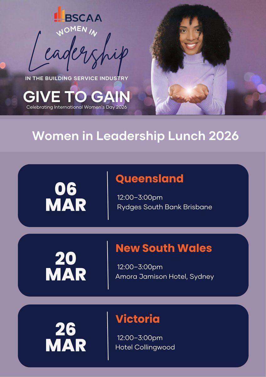 BSCAA Women in Leadership 2026

Register now!

📅 6 Mar Brisbane | 20 Mar Sydney | 26 Mar Melbourne

🔗 QLD lnkd.in/gmdEhENQ
🔗 NSW lnkd.in/g7B2beMf
🔗 VIC lnkd.in/gbqi5XEv

#BSCAA #WomenInLeadership #IWD2026