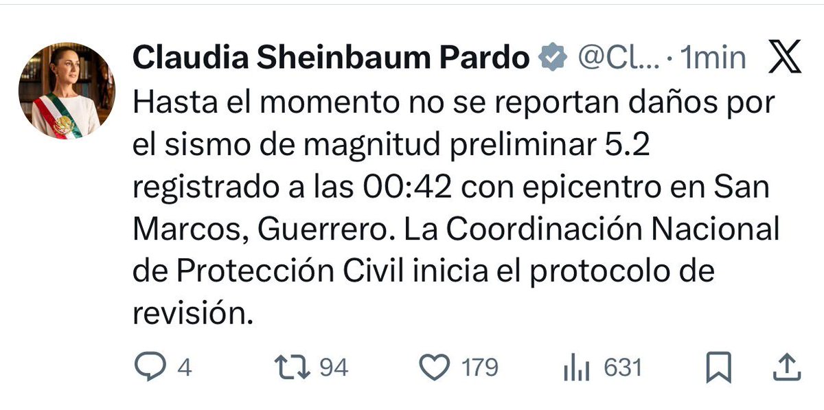 #ÚLTIMAHORA | La presidenta <a href="/Claudiashein/">Claudia Sheinbaum Pardo</a> informa que no se presentan daños tras sismo magnitud preliminar de 5.2 con epicentro en San Marcos, Guerrero.