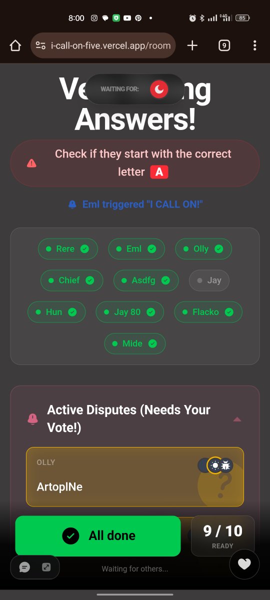 Flacko353's tweet photo. @ubah_484 Great game! Can you add a 1 minute timer to this screen? I joined a room and was stuck on this screen for about 10 mins because 1 person was inactive for some reason.

Then could you invert the colours for marking as ready on this screen- green to grey instead. Thank you https://t.co/H3LKAAjEoj