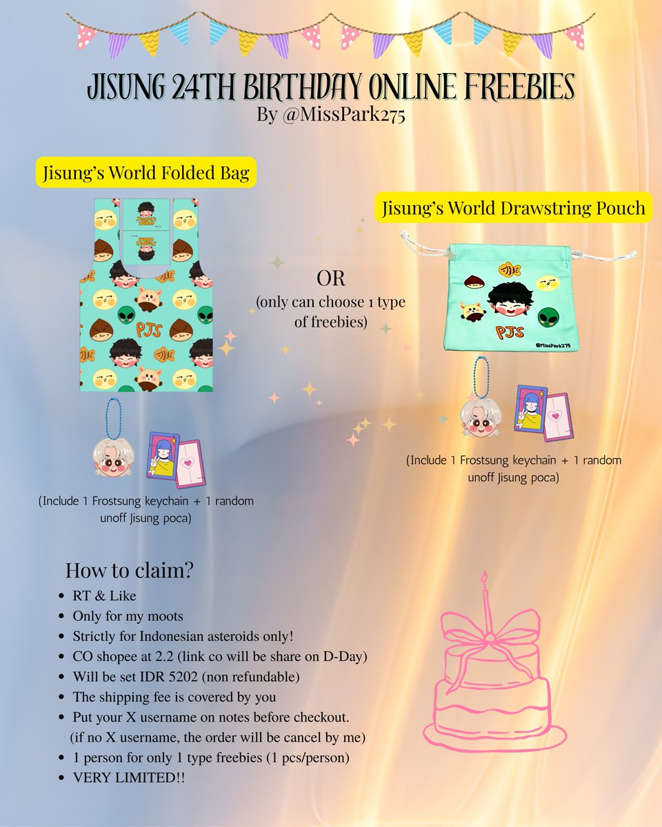 ✨Special Jisung’s 24th Birthday Online Freebies by <a href="/MissPark275/">Bungeoppang 🐟 (Sha)</a> 🎂

How to get? 
🔹RT &amp; Like
🔹 Only for my moots and strictly asteroid only
🔹 CO shopee 2.2
🔹 Another details on pict

If you get it don't forget to tag me 🫶☺️
Don’t throw or sell this freebies!

❗️LIMITED QTY❗️