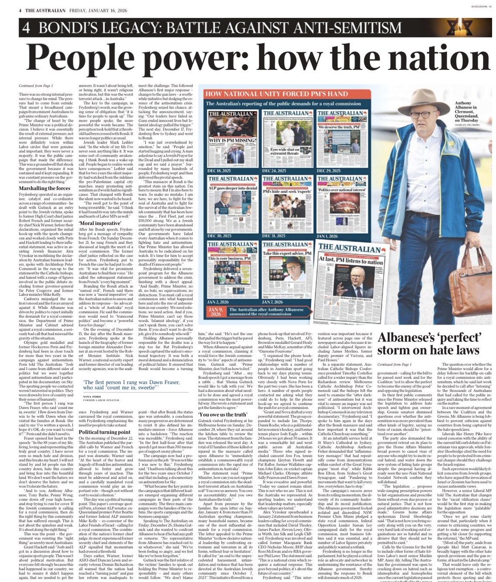 Today The Australian’s Paul Kelly details the back story behind the public campaign for a Royal Commission following the Bondi massacre.

In his words “a moral movement, delivered in the voice of authentic Australia.”

“A campaign probably unprecedented in our politics and public