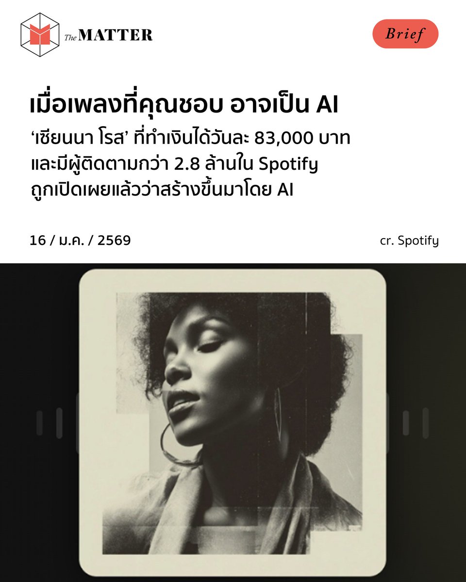 thematterco's tweet image. ‘เซียนนา โรส’ โปรไฟล์ใน Spotify ที่กำลังได้รับความนิยม จนสร้างรายได้จากการสตรีมรายวันสูงถึง 2,000 ปอนด์ หรือราวๆ 83,000 บาท ถูกเปิดเผยว่า สร้างขึ้นมาโดยปัญญาประดิษฐ์ (AI)