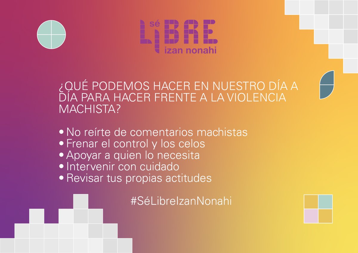 ¿Para qué es la Estrategia #SéLibreIzanNonahi?

Entra y mira: bit.ly/SeLibreIzanNon…

Llevamos a cabo diferentes acciones para sensibilizar a las personas jóvenes contra la violencia machista.

Y tú, ¿qué haces tú para frenar la violencia machista en tu día a día?