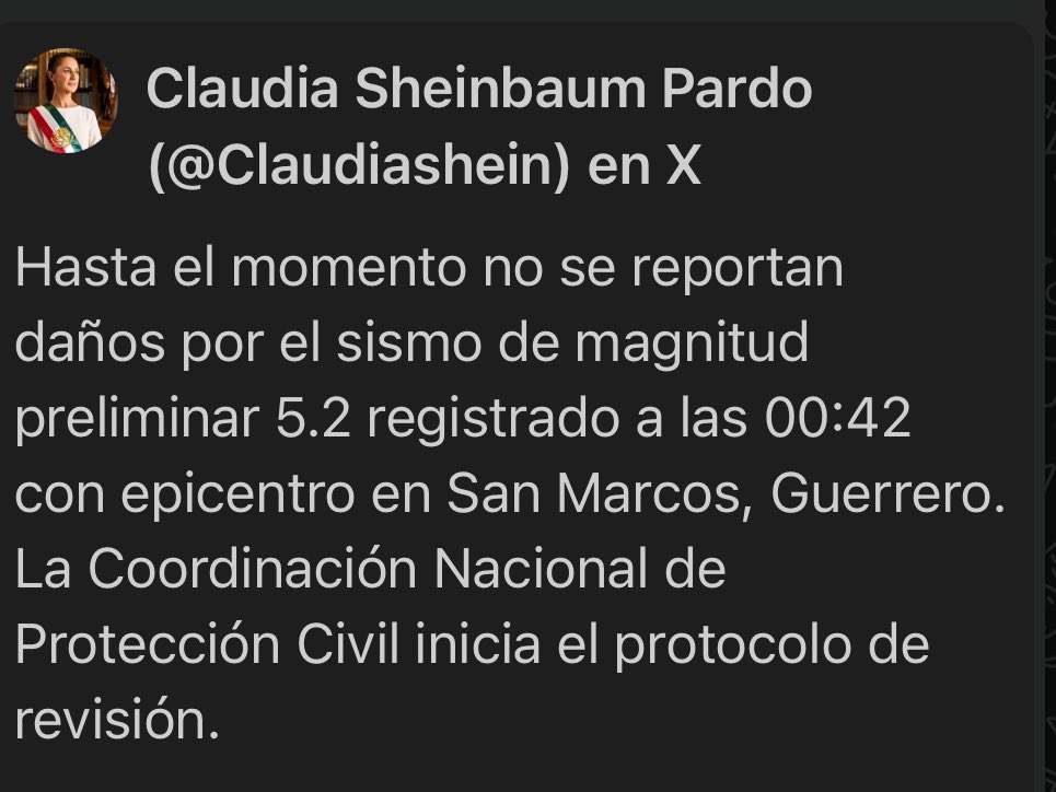 cursorinformat1's tweet image. #Alerta 🚨🚨 La presidenta Claudia Sheinbaum informa que hasta el momento no se reportan daños por el sismo registrado hace unos minutos