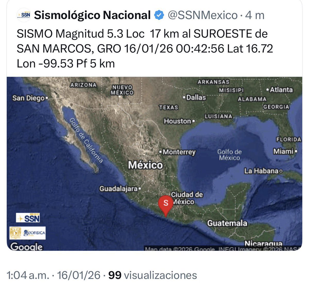 cursorinformat1's tweet image. #Alerta 🚨 🚨 Se activó la #AlertaSísmica por un sismo de magnitud 5.3 con epicentro en San Marcos, Guerrero.
El movimiento fue réplica del sismo M6.5 registrado el 2 de enero de 2026.