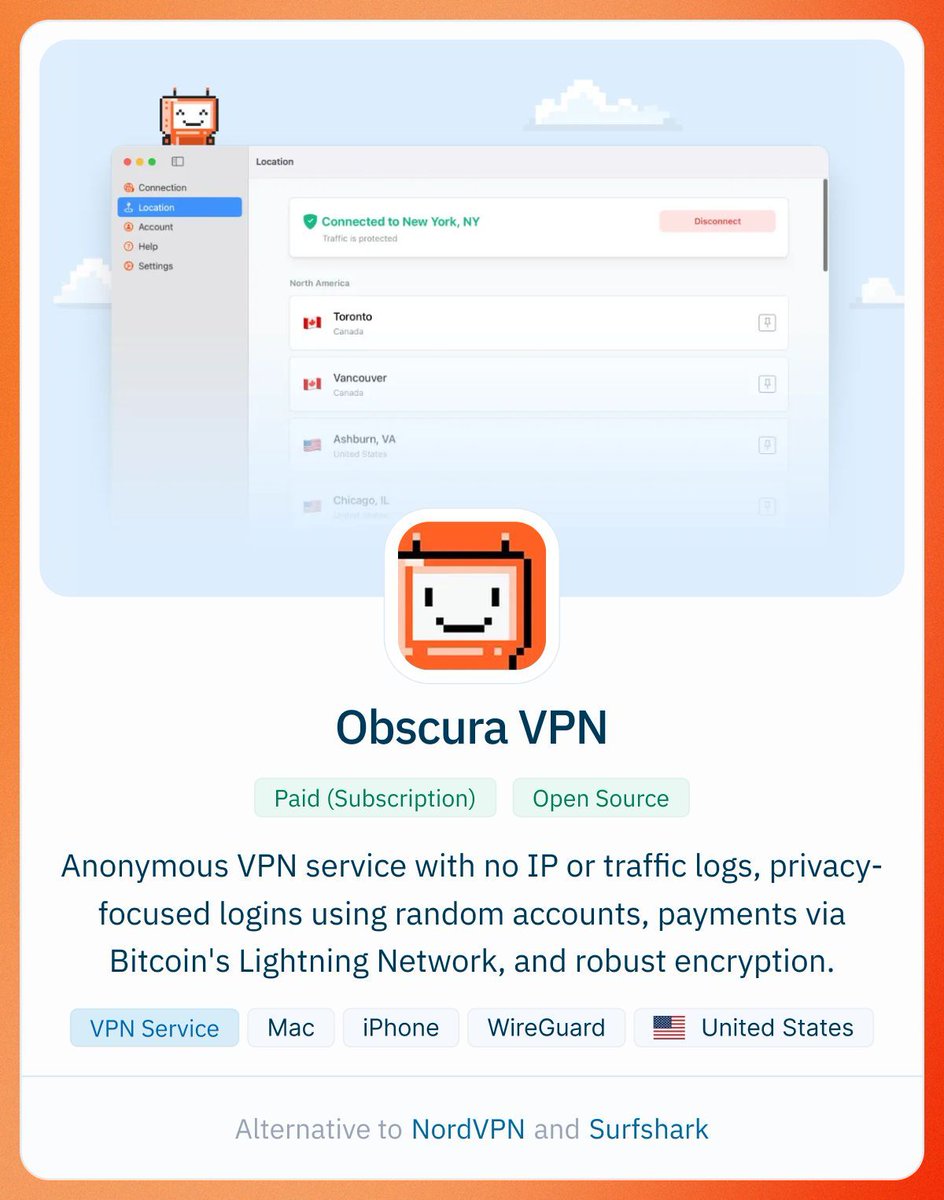 Privacy focused VPN with no IP or traffic logs, randomized account numbers  with no email required, anonymous crypto payments, and independent exit  servers https://t.co/vArly2dPE5 @obscuravpn