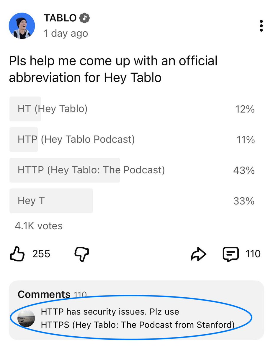 So I started a new podcast called “Hey Tablo” and asked the community what we should abbreviate the title to (HT, HTP, etc). 

HTTP (Hey Tablo: The Podcast) got the most votes, but the comment section won.