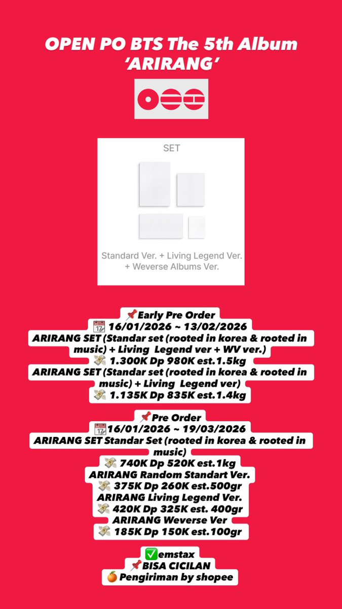 GOPEACHES_'s tweet photo. OPEN PO Pre-order BTS The 5th Album ‘ARIRANG’

💸 Price detail cek PICT 👇🏻

✅POB Weverse
✅emstax
📌 BISA CICILAN
🍊Pengiriman by oren
‼️Reseller welcome get disc

Wts wtb comeback album BTS ARIRANG ARMY Vinyl RM JIN SUGA JHOPE JIMIN V JUNGKOOK Arirang Set weverse ver https://t.co/xH7u2Npi53