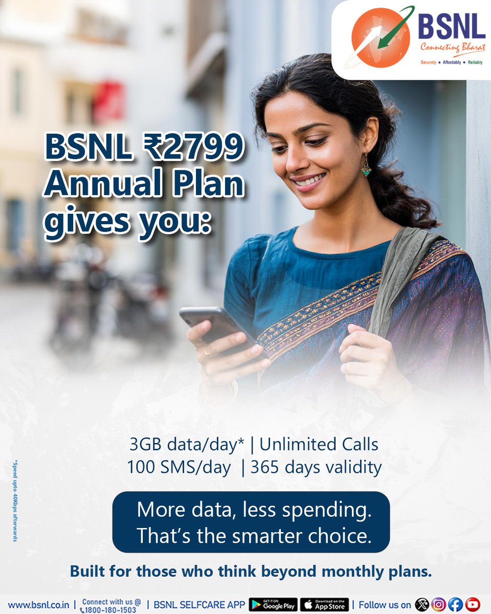 Power your year with BSNL!
Get 365 days of unlimited voice, 3GB/day data &amp; 100 SMS/day with the ₹2799 Annual Plan. 

Recharge via #BReX! 👉 chatbot.bsnl.co.in

#BSNL #SwadeshiNetwork #AnnualPlan #SmartRecharge